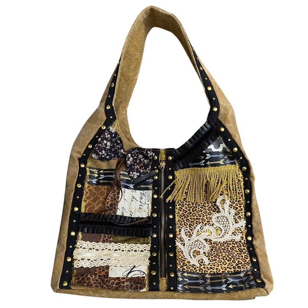Upcycled Mono B Boho Hobo Bag Purse Canvas w/ bow embellishments studded Western